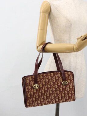 Christian Dior Trotter Canvas Hand Bag Red Gold Auth LNZ387